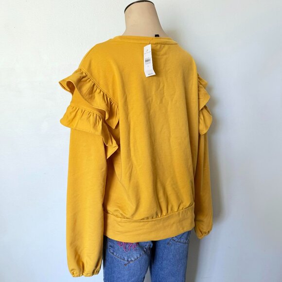 NWT size MEDIUM sweatshirt ANN TAYLOR ruffle mustard YELLOW top new M womens - Picture 2 of 7